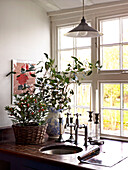 Küchenspüle Detail in dunkler Holzarbeitsplatte am Fenster mit Pflanzen und Kerzenständern