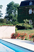 Blühende Topfpflanzen am Pool eines mit Efeu bewachsenen französischen Hauses