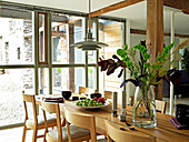 Modern dining room with patio doors