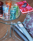 Floral patterns glasses on glass table