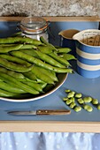 Fresh beans on kitchen worktop