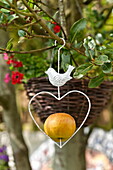 Herzförmiges Ornament mit Apfel im Garten eines Familienhauses in Bovey Tracey, Devon, England, UK