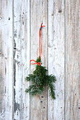 Pine needles hang on string in Hawkwell tree farm Essex England UK