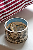 Seashells and striped cushion fabric in family townhouse Cornwall England UK