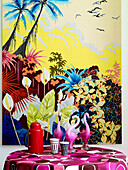 Tropical artwork with pink flamingos