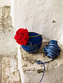 Red geranium with blue bowl and string on whitewashed steps Spain