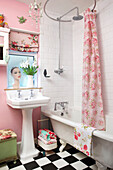 Assorted vintage floral fabrics in bathroom of Tenterden home Kent UK