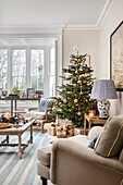 Christmas tree in living room of Warehorne rectory built in 1929 Kent UK
