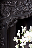 White flower blossom in ornate fireplace of contemporary London home, England, UK