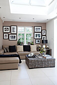 Black and white photographs displayed on wall of extension in Hendon home London UK