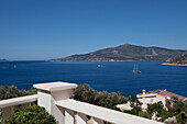 View of Mediterranean sea fro balcony terrace of holiday villa, Republic of Turkey