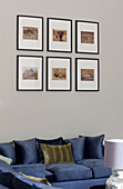 Artwork display above blue sofa in classic London home, UK