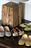 pairs of oriental slippers in Sussex farmhouse   England   UK