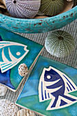 Seashells and ceramic tiled in Greek villa on island of Ithaca