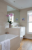 Orchidee im weißen Badezimmer mit großem Spiegel und Holzboden in einem Einfamilienhaus im Südwesten Londons UK
