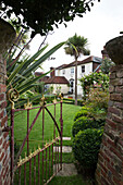 Blick durch ein rostiges Tor auf eine Palme im Garten von Arundel, West Sussex, England, UK