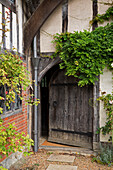 Kletterpflanze über alter Holztür eines Bauernhauses mit Fachwerk, Kent, UK