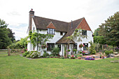 Kletterpflanzen und Rasenfläche vor einem Einfamilienhaus aus den 1950er Jahren in Alford, Surrey, Vereinigtes Königreich