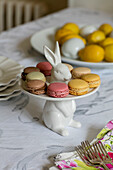 Sweet biscuits on rabbit cakes stand in detached Kent home UK