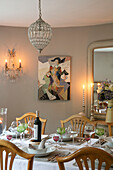 Art canvas and cut glass pendant in dining room of Kent UK