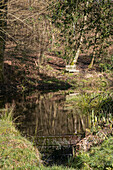 Bank am Flusswehr in Midhurst Waldgebiet West Sussex UK