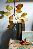 Herbstblätter in einer Flasche auf einem Tisch mit Büchern im Haus auf der Isle of Wight, UK
