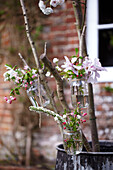 Frühlingshafte Blumendekorationen im Freien aus mit Blüten gefüllten Marmeladengläsern als Vorbereitung für ein Osterfest