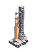 Space Launch System Crew variant on launchpad, illustration
