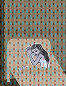 Woman crying in bed, illustration