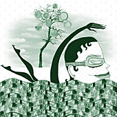 Swimming in money, conceptual illustration