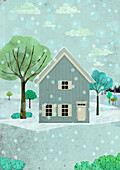 Scandinavian house in winter, illustration