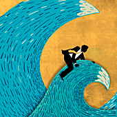Businessman sitting on a wave, illustration