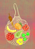 Shopping bag containing fruits and vegetables, illustration