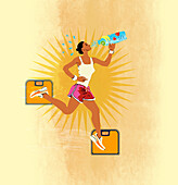 Woman drinking a fruit drink during exercise, illustration