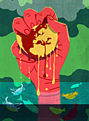 Hand squeezing Earth, illustration