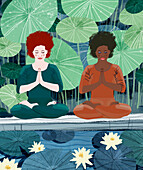 Two women in a yoga lotus pose, illustration