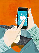 Person clicking on heart icon on a phone, illustration