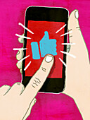 Finger touching a like icon on a mobile phone, illustration