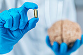 Female doctor holding model of brain and a placebo pill