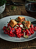 Beetroot risotto with breaded feta cubes