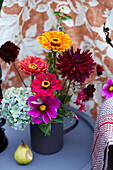 Colorful bouquet of flowers with zinnias and hydrangeas