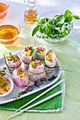 Rice paper rolls filled with duck salad