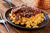 Brisket mac and cheese on skillet