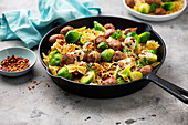 Pasta with Brussels sprouts salsiccia carbonara