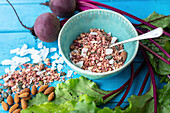 Beetroot muesli with almonds and coconut flakes