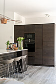 Kitchen island with bar stools and kitchen cabinets with integrated electrical appliances