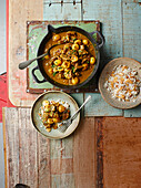 Beef, potato and banana curry with cashew rice
