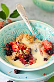 A serving of apple and blackberry crumble with custard