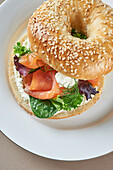 Tasty bagel with filling of salmon
