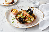 Seafood stew with prawns and mussels
